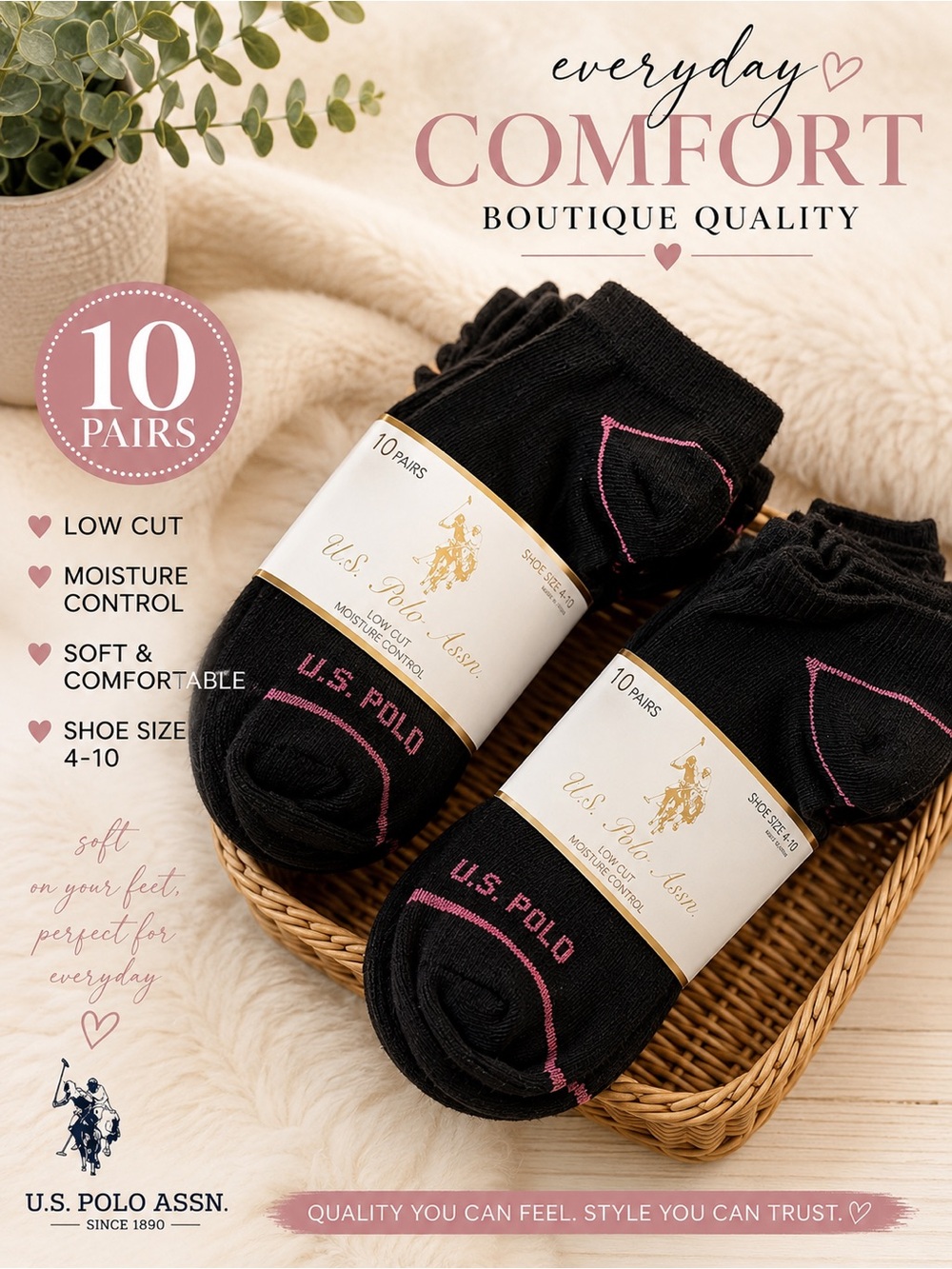 U.S. Polo Assn. Black Low-Cut Socks with Pink Accents – 2 Packs of 10